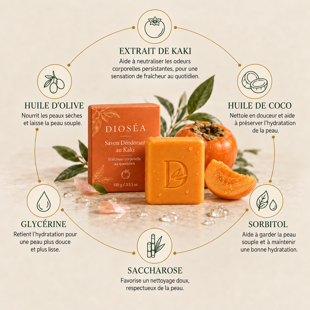 Savon DIOSÉA au kaki pour la routine corporelle quotidienne